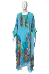 Illustrated Feather Print Chiffon Caftan Gown