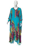 Illustrated Feather Print Chiffon Caftan Gown
