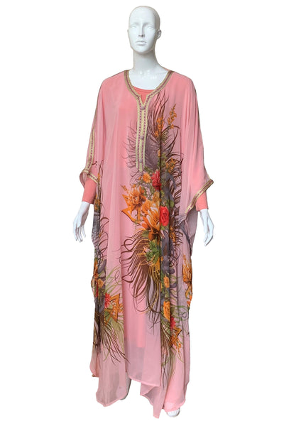 Illustrated Rose Print Chiffon Caftan Gown